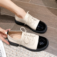 厚底鞋女夏2024春秋新款小香風圓頭拼色樂福鞋女單鞋大碼小皮鞋女