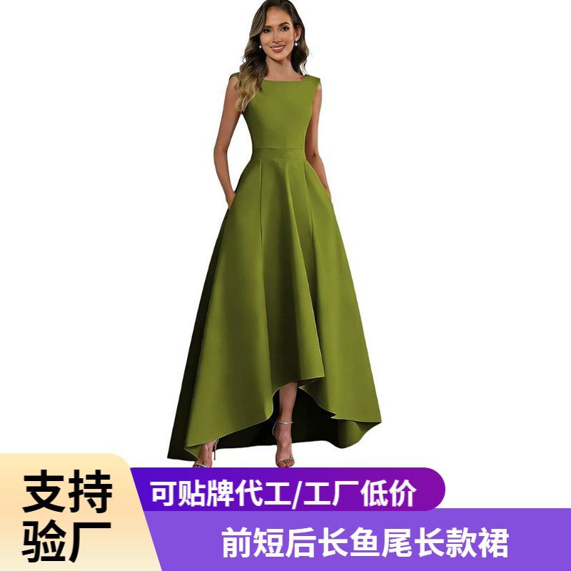 French-style simple sleeveless satin evening dress for women, with a short front and long back, fishtail hem, suitable for banquets, annual meetings, and hosting events French-style simple sleeveless satin evening dress for women, with a short front and long back, fishtail hem, suitable for banquets, annual meetings, and hosting events