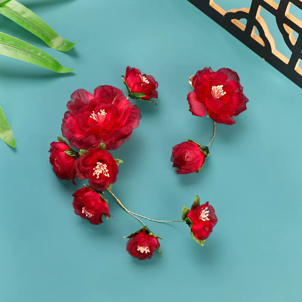 原创设计新款手工古风仙气红色玫瑰花朵烫花汉服发夹旗袍烫花发饰