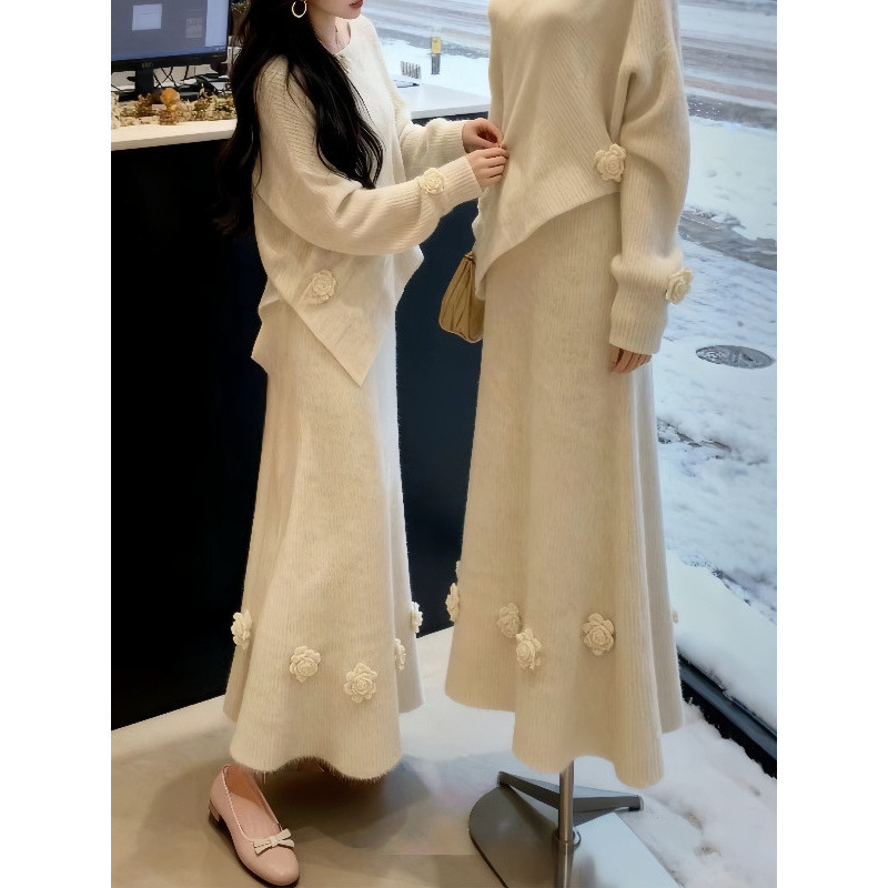 Ys Korean Style Autumn and Winter Pure Color Gentle Style Outfit with Asymmetrical Design Knitted Sweater for Women + Long Skirt Set