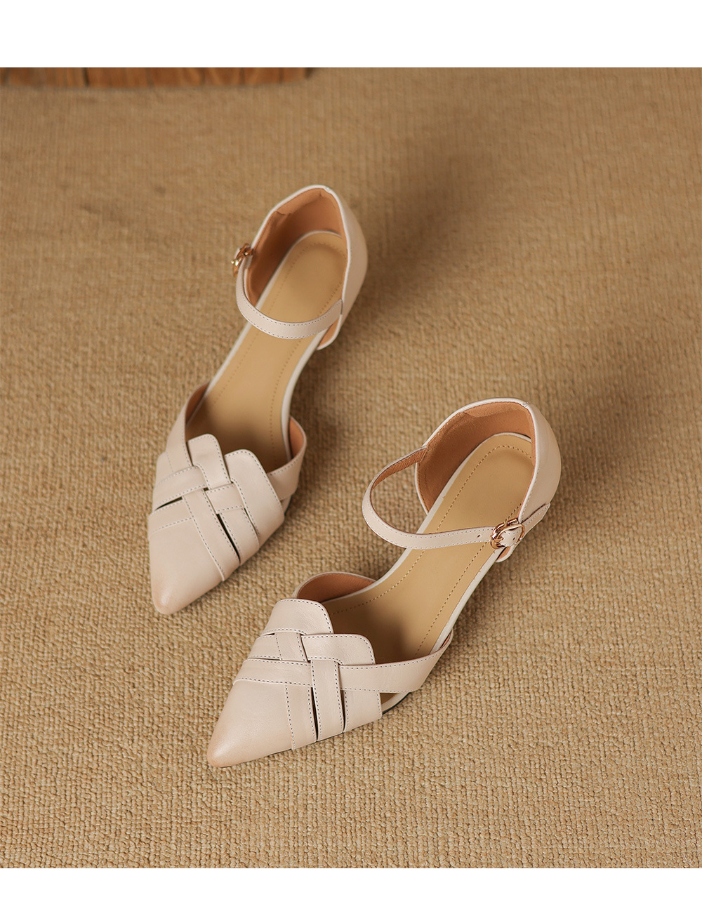 Giày sandal cao gót nữ quai ngang mũi nhọn da cừu gót 5,5 cm — đen chi tiết 19