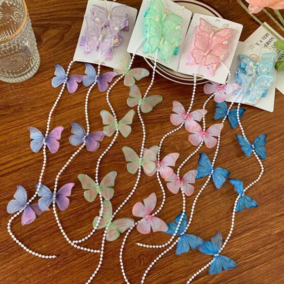 Super Fairy Butterfly Pearl Hair Chain Hairpin Children's Sweet Tassel Hair Rope Princess Wind Tie Hair Artifact Hair Accessories