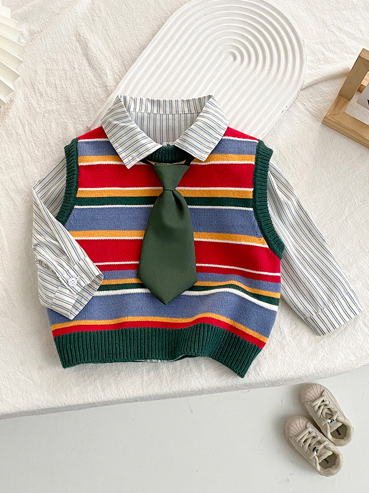 Chaleco para niños, ropa de primavera y otoño, suéter de estilo extranjero, cuello redondo, estilo universitario, tendencia retro, suéter a rayas para hombres y mujeres, tendencia