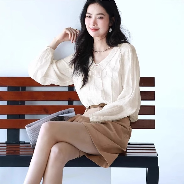 2025 Spring Commuter Tops Ruffled V-Neck Lace-up Shirt with Shiny Silk Texture for Women 1G3921281