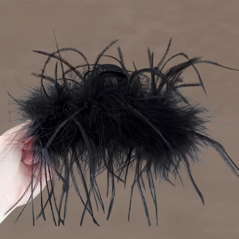 Large Hair Clip for the Back of the Head, Suitable for Thick Hair, Autumn and Winter Feather Style, Super Beautiful Black Bun Hairpin with Fluffy Shark Design
