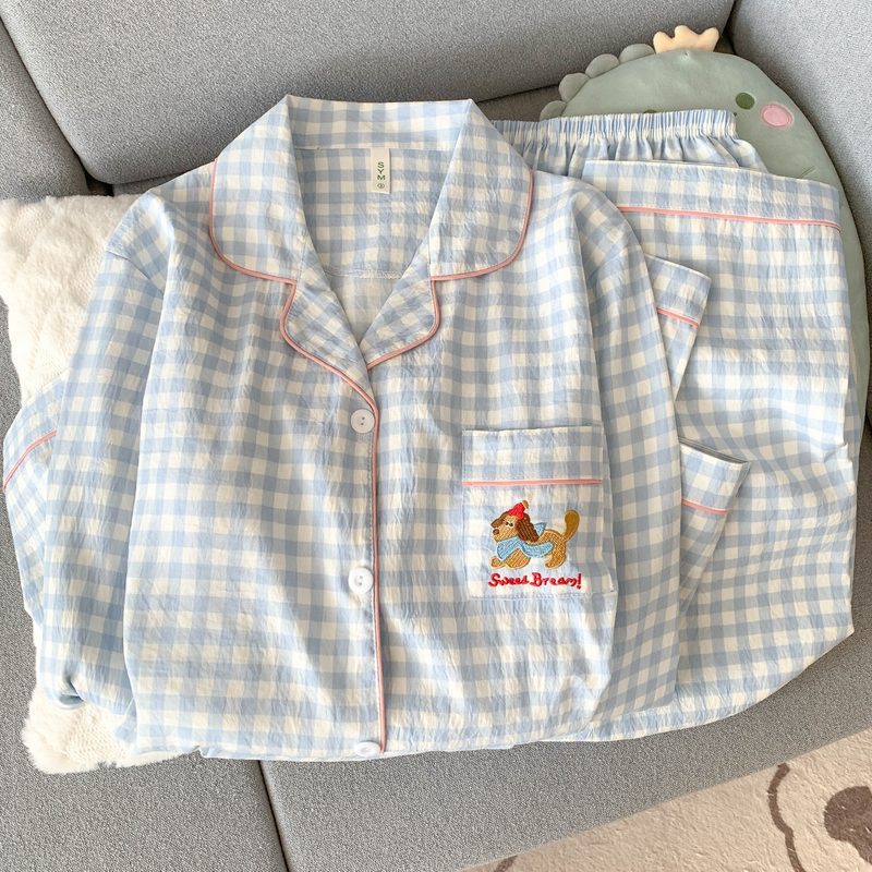 (가슴패드 없음) [윤두면] 닥스훈트 블루체크 긴팔+바지