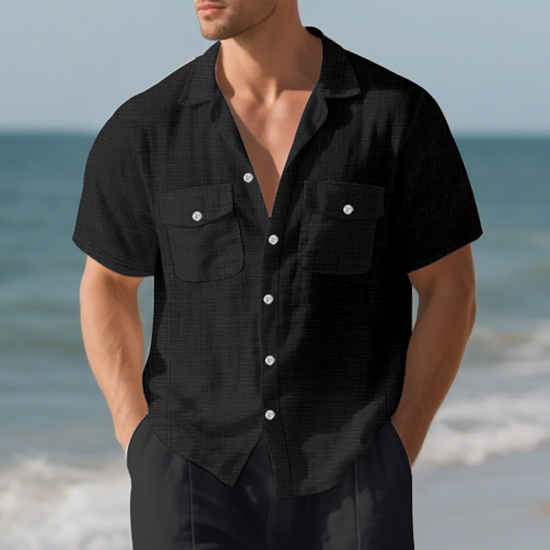 Men's Summer Shirt Double Pocket Solid Color Short Sleeved Shirt Casual Vacation Lapel Shirt_voghion.com