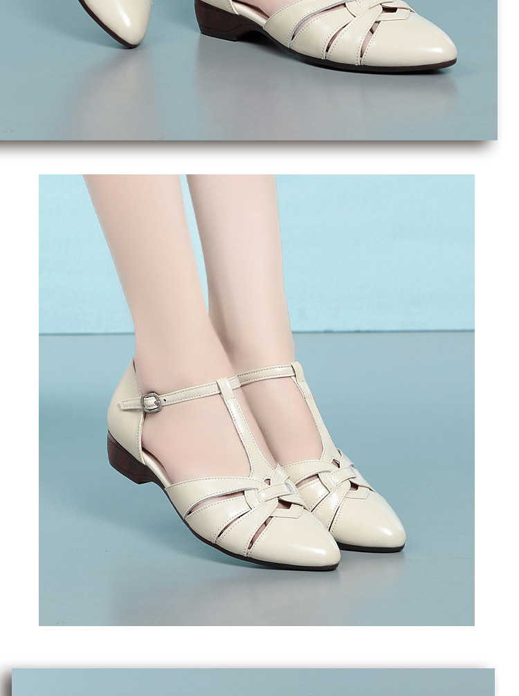Dép sandal nữ da thật đế bằng quai chữ V mùa hè — màu be chi tiết 9