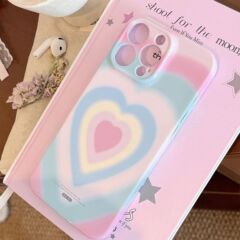 女の子向けグラデーションハート柄 iPhone16/17 Pro Max/13/15対応 ソフトフィルムケース 韓国風
