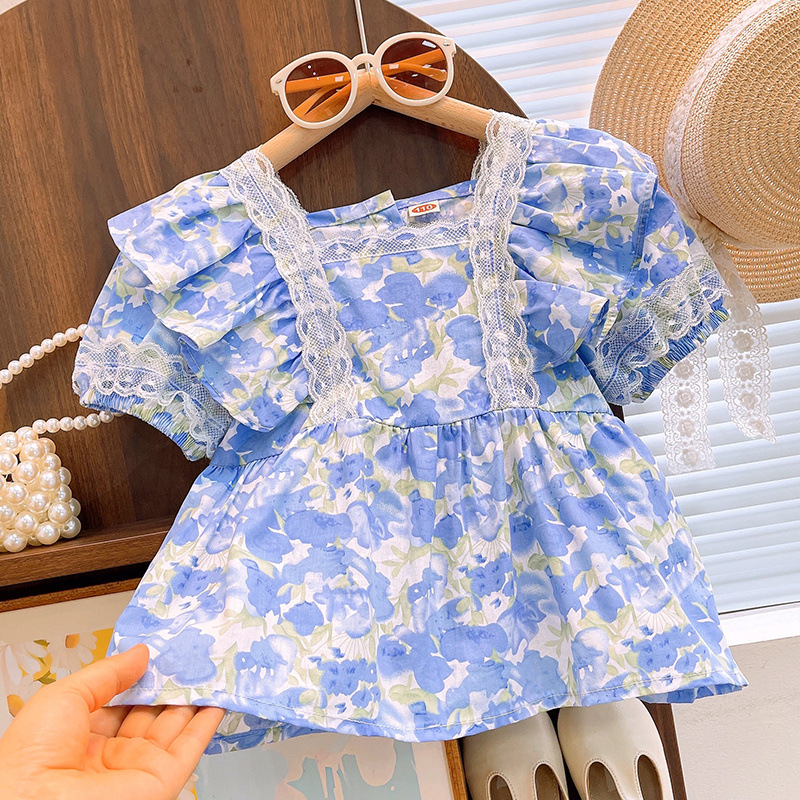 블루 플로럴 반소매 탑