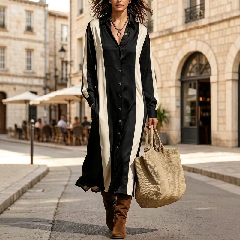 Satin European and American style color-block striped shirt dress for women, with a lapel collar, single-breasted button closure, long sleeves, a flowing silhouette, a loose fit, and a length that falls below the knees Satin European and American style color-block striped shirt dress for women, with a lapel collar, single-breasted button closure, long sleeves, a flowing silhouette, a loose fit, and a length that falls below the knees