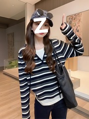 韩系慵懒风条纹连帽针织衫女2025秋季大码胖MM套头半拉链长袖上衣