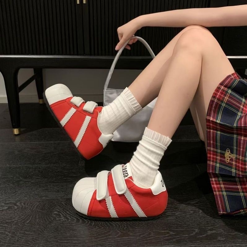 贝壳头魔术贴大头厚底面包板鞋女2025年新款百搭透气休闲小白鞋|undefined