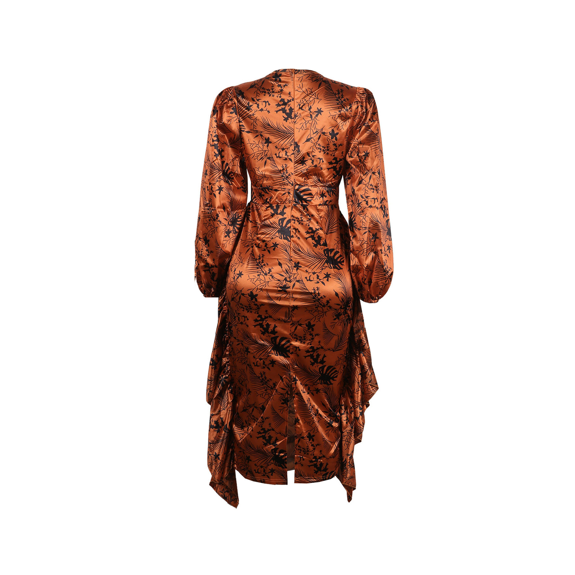 Women's Clothing Sexy Printed Ruffled Lantern Sleeve Hip Hugging Slim Fit Long Sleeve Dress_voghion.com