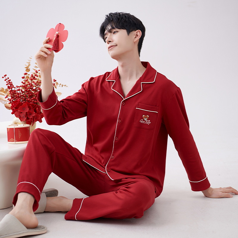 Pijamas primavera y otoño de los hombres de la boda festiva de algodón de manga larga ropa para el hogar año de nacimiento de los hombres rojos grandes más traje de tamaño