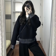 韩系时尚慵懒风v领撞色毛衣女2024冬季宽松百搭高级感针织衫潮厚