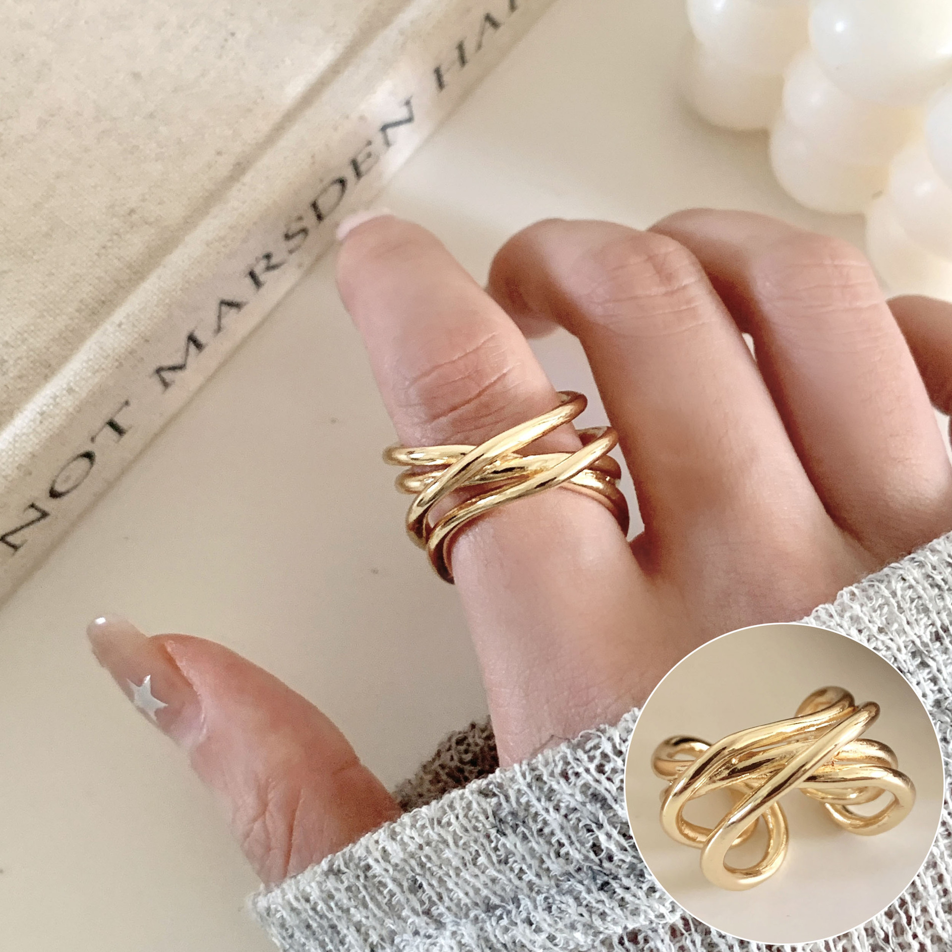 幾何学的な線の交差指輪の女性の冷たい風のシンプルなファッションS925銀メッキの口の指リングins風の指の指輪