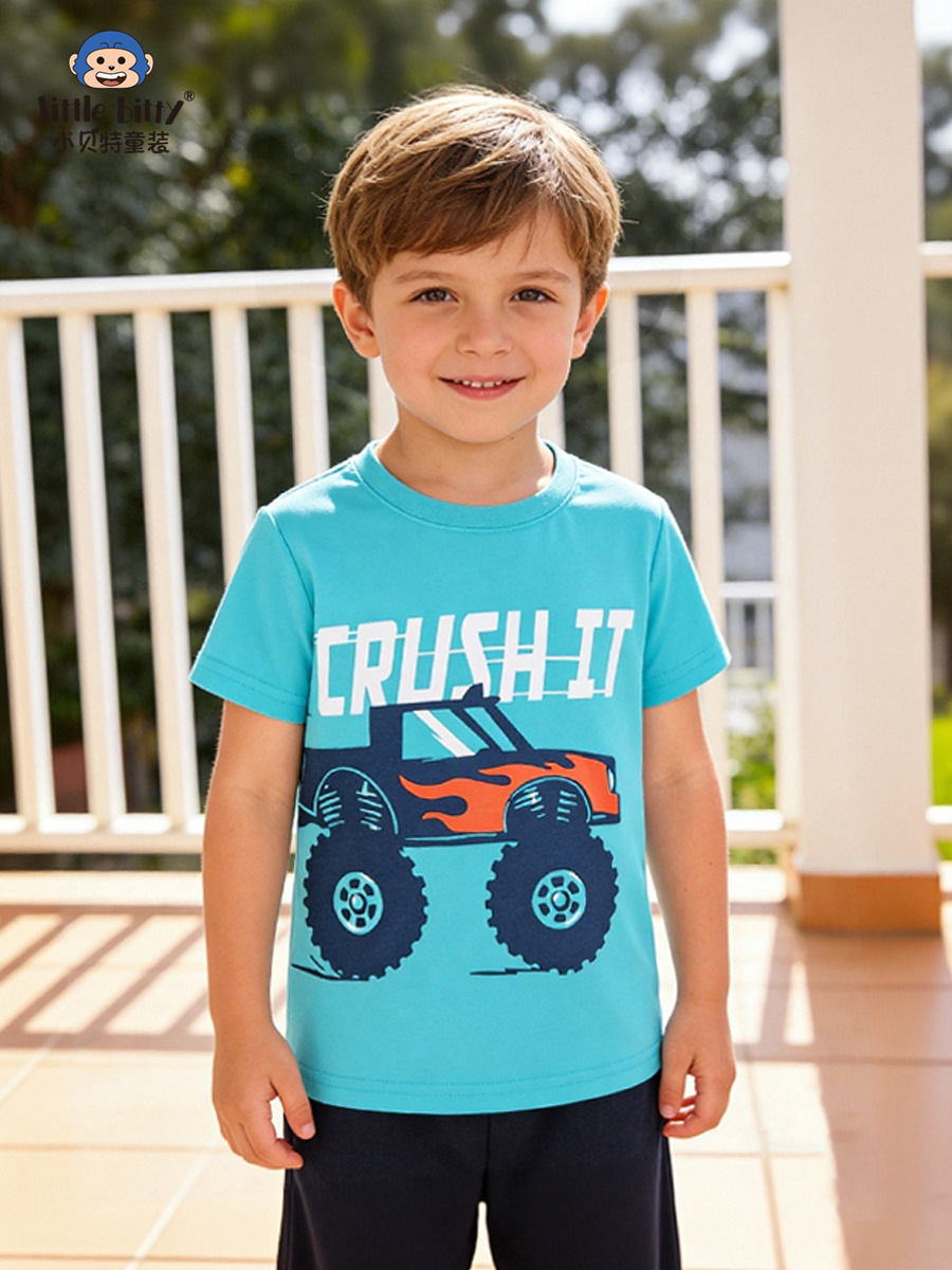 Cross-Border Supply 2026 Spring/Summer Children's T-Shirt with Cartoon Car Print, Round Neck, Boys' Base Shirt, in Stock
