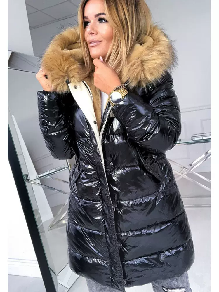 秋冬新款欧美外贸休闲时尚保暖女装修身纯色亮面拉链大毛领棉衣