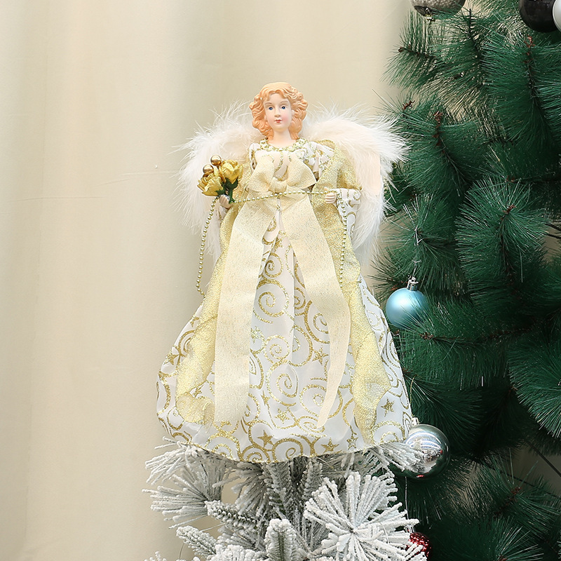 国境を越えた人気のクリスマス装飾生地エンジェルツリートップスタークリスマスツリートップオーナメントぬいぐるみ羽エンジェル付き|undefined