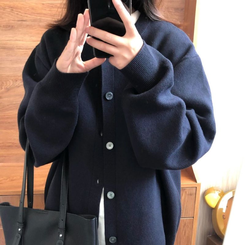 国潮搭藏青色针织衫开衫女春秋宽松慵懒风别致休闲百搭外套上衣潮|undefined