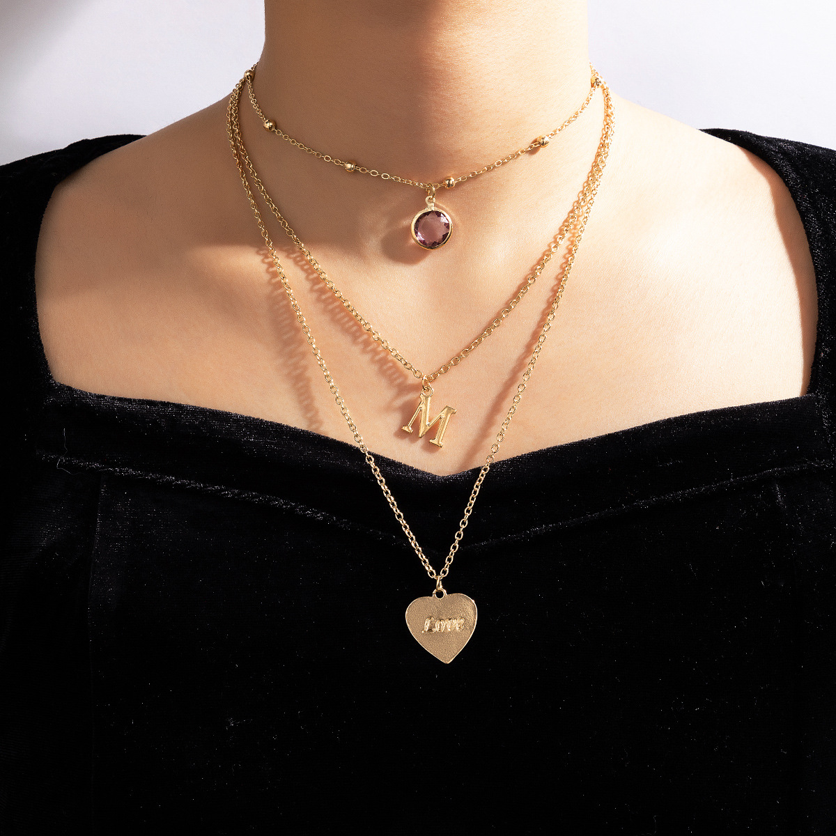 Fashion Letter Heart-shape Three-layer Necklace Imitation Crystal Inlaid Multi-layer Necklace display picture 1