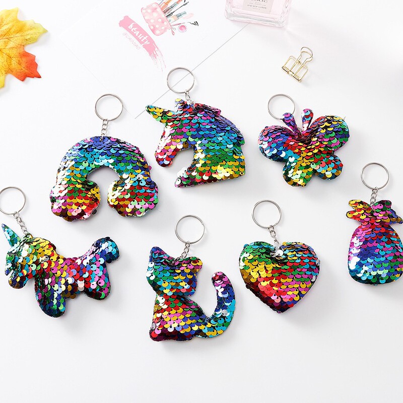 Reflective Sequin Unicorn Keychain Five-Pointed Star Pendant Bag Pendant Dinosaur Key Chain Heart-Shaped Key Ring Ring