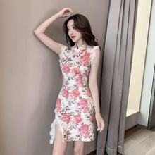 甜美气质纯欲风包臀短裙时尚复古少女花色修身开叉改良旗袍连衣裙