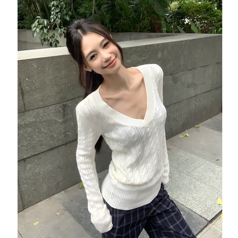 V领毛衣针织衫女白色麻花软糯长袖纯欲秋冬季修身内搭打底上衣灰|undefined