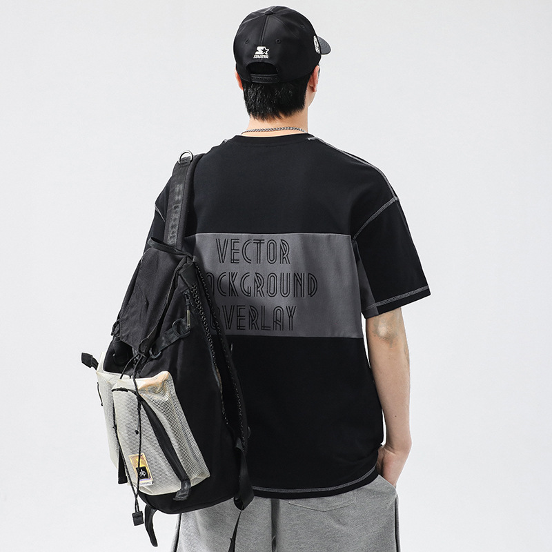 Men's summer new round neck T-shirt men's loose patchwork letter printed short sleeved shirt_voghion.com