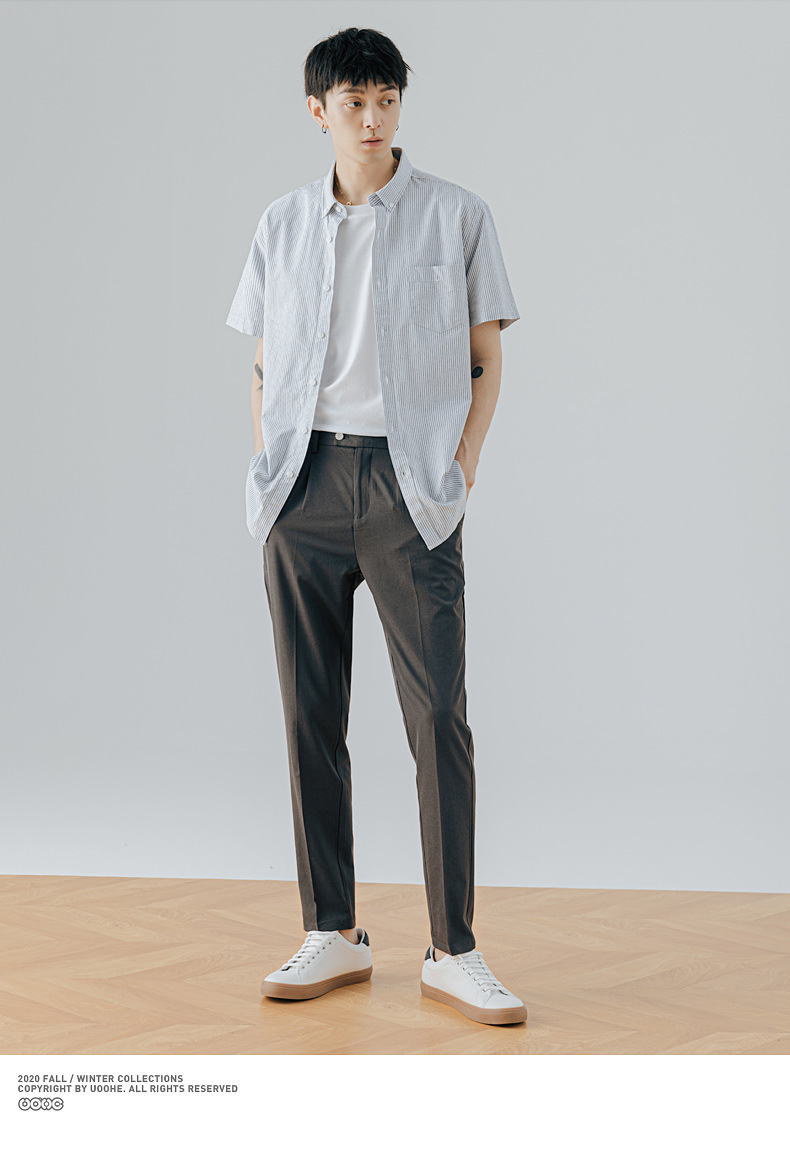 Áo sơ mi nam Oxford sọc dọc tay ngắn phong cách công sở — Phiên bản vừa vặn sọc xám ngắn tay chi tiết 19