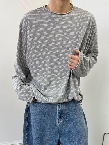 Autumn and Spring Thin American Retro Fringe Crew Neck Striped Long Sleeve T-Shirt for Men Casual Loose Base Shirt Top Trendy