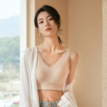 找工厂春夏复古蕾丝V领美背心女士固定杯打底内搭带胸垫内衣工厂