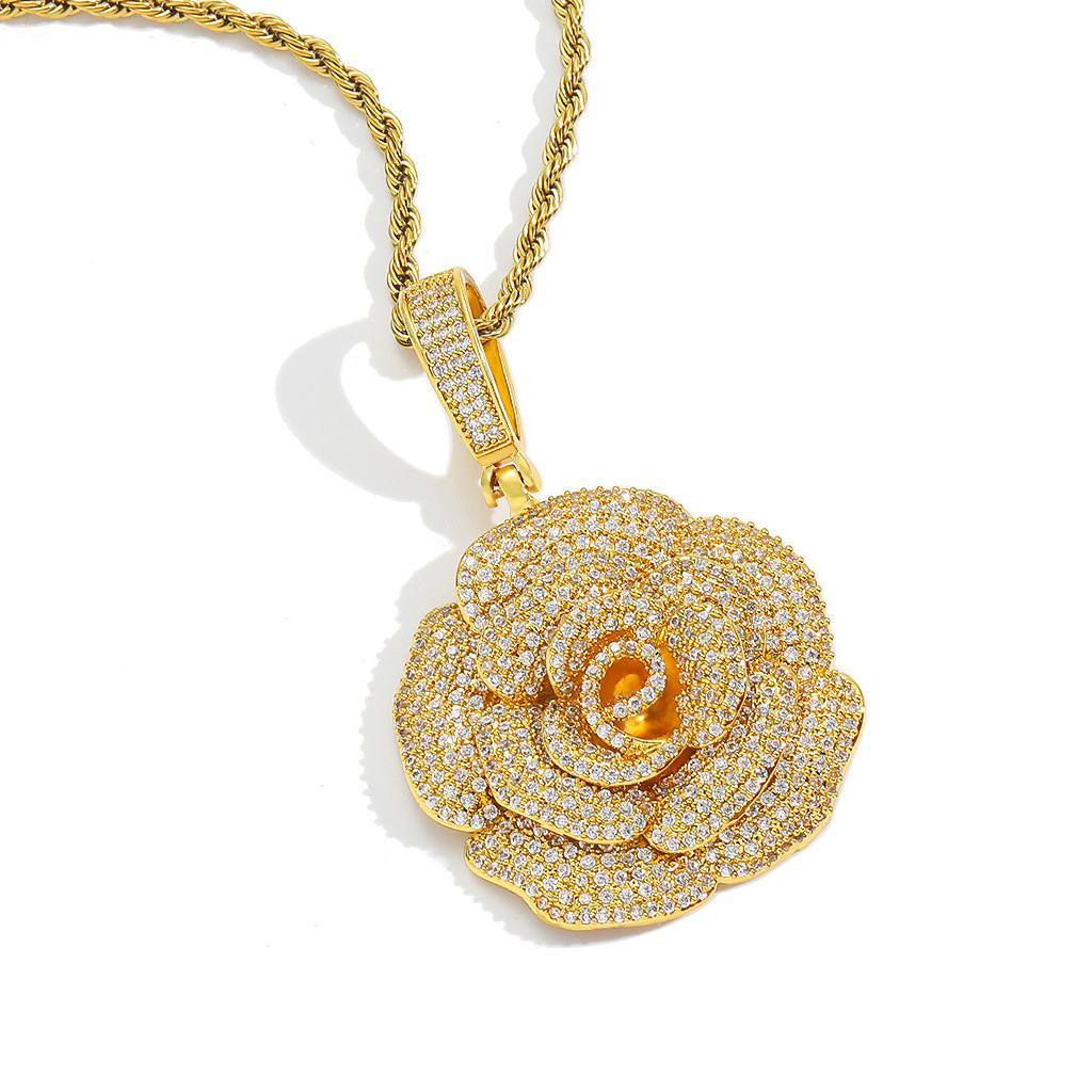 Europa y América hip-hop bronce rosa de piedra colgante personalidad de diamante completo moda collar de joyería transfronteriza al por mayor