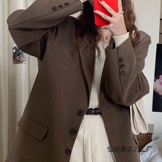 Coffee-Colored Blazer for Women, New Spring Korean Style Casual British Design, Trendy Student Influencer Suit Jacket for Women