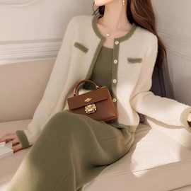 小香风针织衫女装套装裤轻奢感女人味绿色一整套韩系秋季穿搭