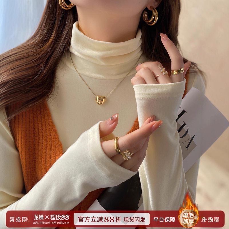 Off-White High-Neck Base Shirt for Women, 2025 Autumn and Winter New Style, German Velvet Stacked Collar, Fleece-Lined Inner Layer, High-End Top