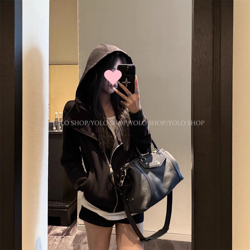 Yolo Shop Black Hooded Sweatshirt Women's Slim and Versatile Design Lapel American Cardigan Jacket Top Yolo Shop Black Hooded Sweatshirt Women's Slim and Versatile Design Lapel American Cardigan Jacket Top