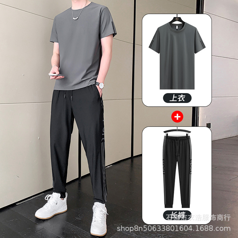 Traje deportivo de verano de los hombres de gama alta de los hombres casuales de seda de hielo de manga corta Camiseta pantalones largos ropa para correr al aire libre