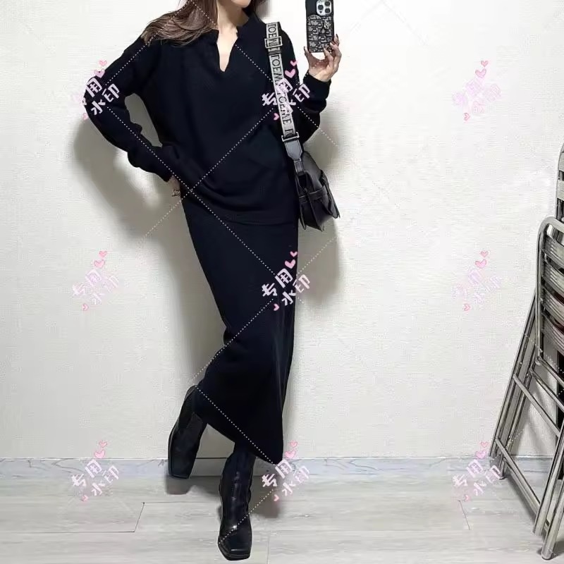 2024纯欲高级感气质V领长袖上衣高腰显瘦半身长裙套装女秋冬新款