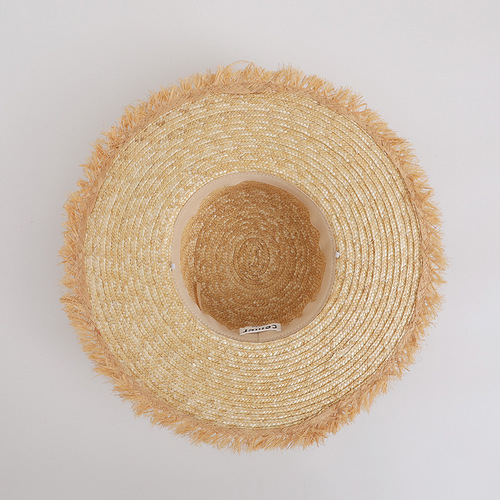 Cross-border grass braided wide-brimmed flat-top hat for women, summer beach sand sunshade, sunscreen woven brim edge, embellished hat