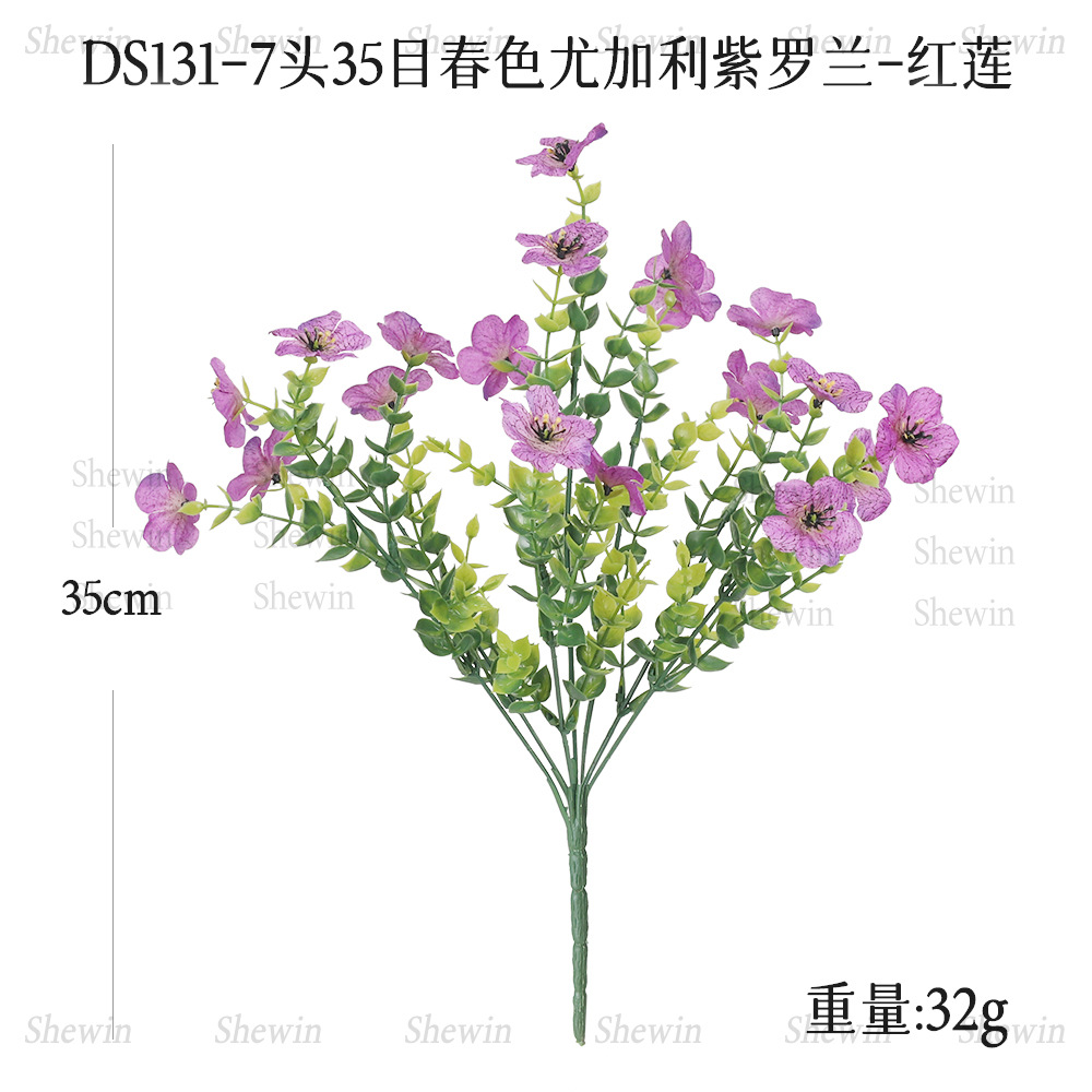 Flores artificiales de eucalipto violeta de siete cabezas para decoración de jardín exterior, hogar, hotel, boda, adornos de flores artificiales.