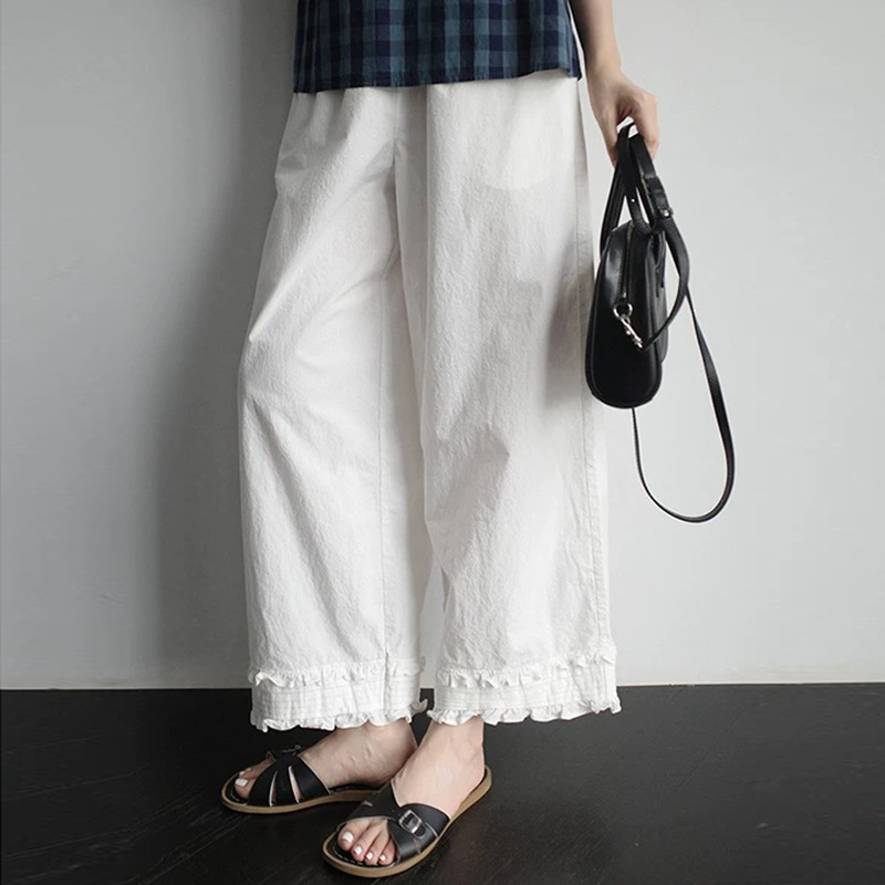 2026 Layered Pants/High-Density Salt-Shrunk Cotton Fully Elastic Waist Lace-Trimmed Loose Cropped Pants Thin Style