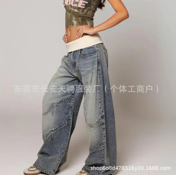 春秋季新款跨境亚马逊欧美风牛仔裤女装高腰阔腿宽松休闲直筒长裤|undefined