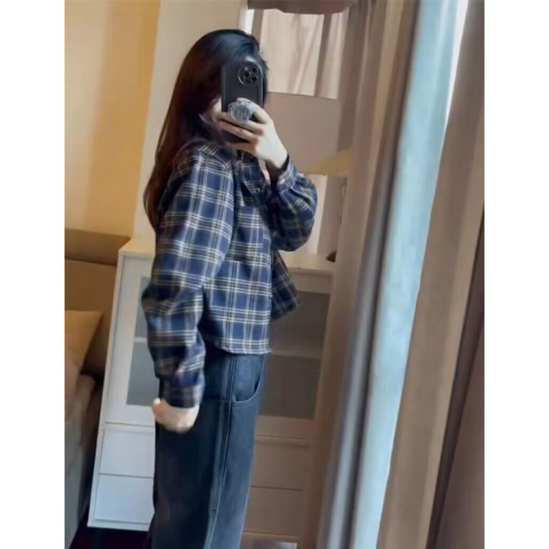 (2개) 샌딩 레트로 격자 셔츠 여성용 짧은 재킷 봄과 가을 2023 새로운 폭발 긴 소매 최고 고급 센스 셔츠