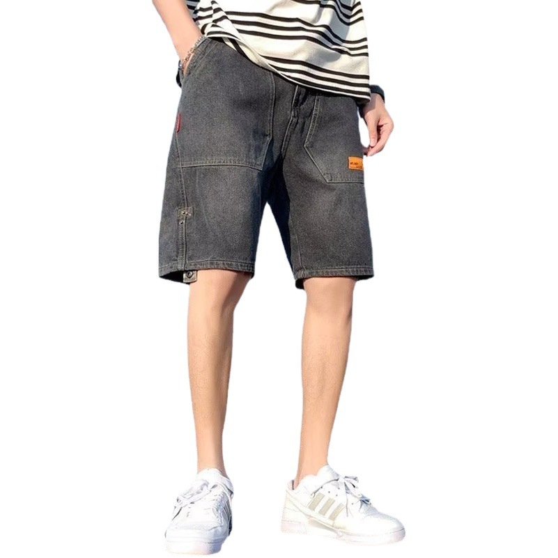 Pantalones cortos de mezclilla de comercio exterior para hombre, novedad de verano, estilo coreano, marca de moda, cintura semielástica, pantalones de cinco cuartos rizados con botones sueltos de talla grande