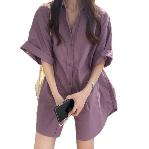 Women's Loose Blue Short-Sleeve Shirt, Korean Style, Medium-Long Length, BF Style Top, Stylish and Fashionable Shirt Dress