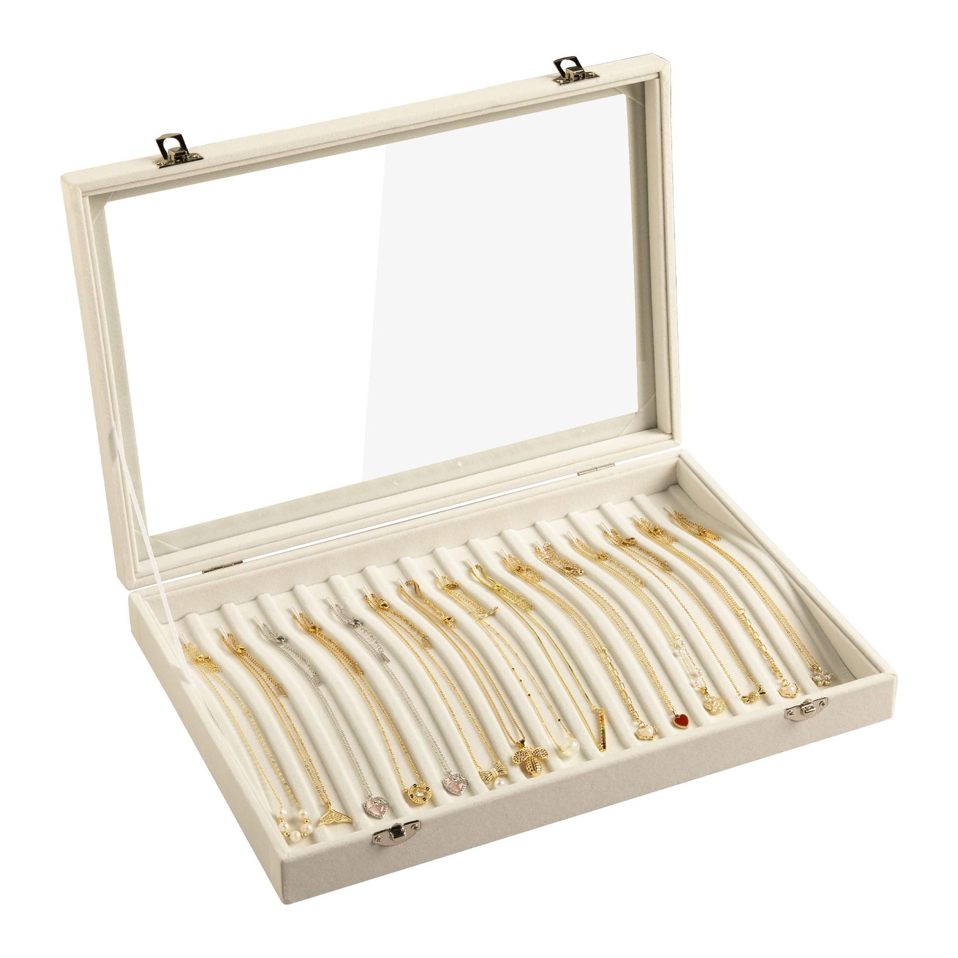 15 Hook Necklace Tray Velvet Neck Organizer with Clear Lid Lockable…