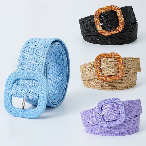 4cm wide Korean-style bohemian candy-colored square buckle PP straw woven waist belt elastic stretch versatile dress leather belt for women