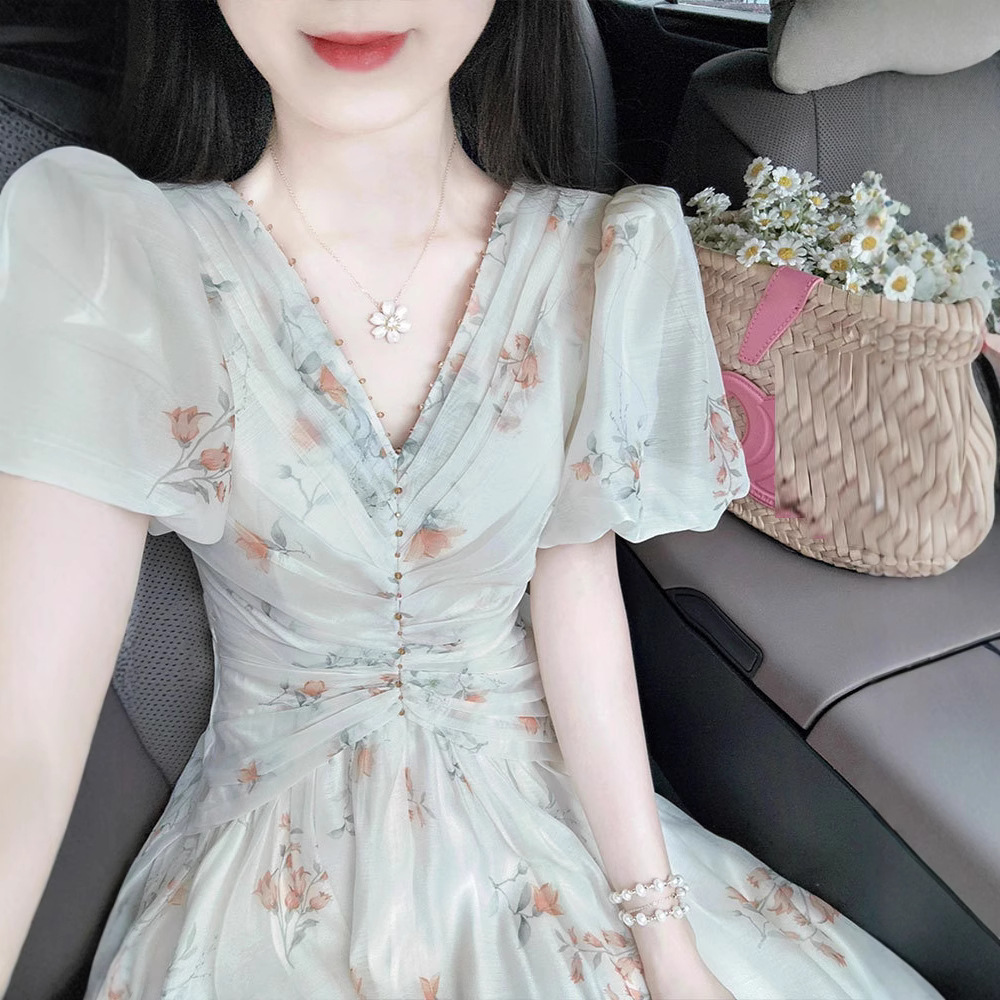 Váy liền hoa cổ chữ V tay bồng dáng dài mùa hè — Màu xanh lục nhạt